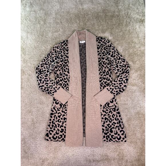 Yes Lola Leopard Print Cotton Open Front Cardigan Sweater Cowl Collar XS E322 - Picture 1 of 8